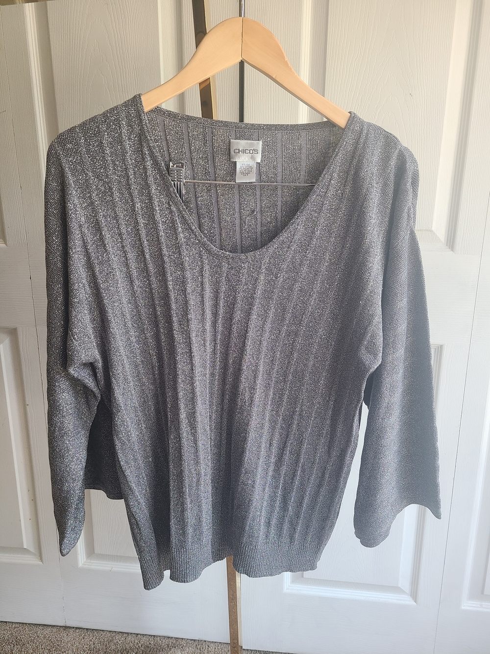 Chico's Metallic Gray Ribbed Scoop-Neck Top